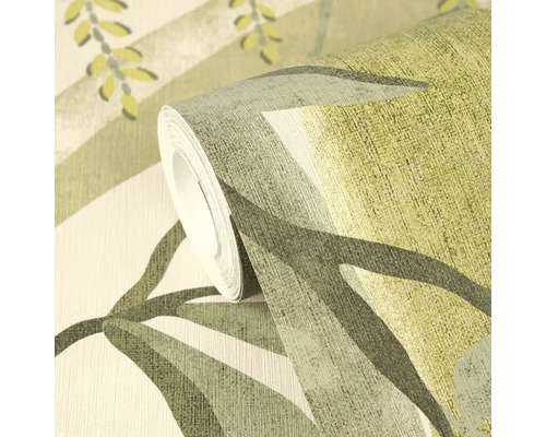 Papier peint intissé avec motif de feuilles texturées et branches au design naturel.