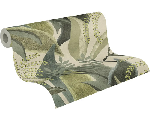 Papier peint intissé à motif botanique, grandes feuilles et fougères en vert et beige.
