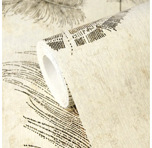 Papier peint avec motif de plumes et surface structurée, vue détaillée d'un rouleau.