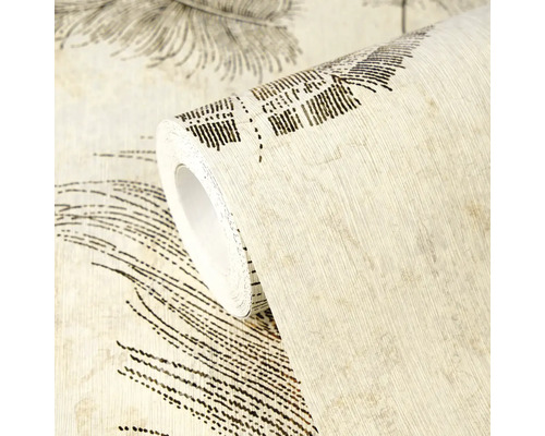 Papier peint avec motif de plumes et surface structurée, vue détaillée d'un rouleau.