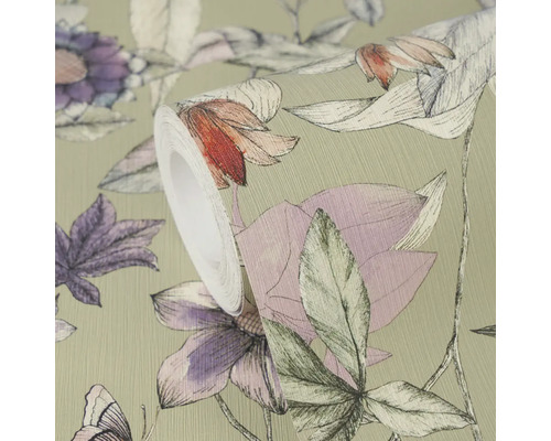 Rouleau de papier peint intissé avec un motif floral représentant des croquis détaillés de fleurs et de feuilles sur une surface texturée.