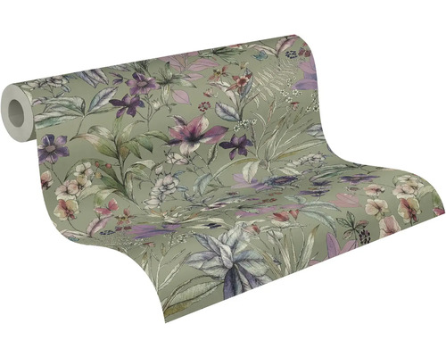 Rouleau de papier peint avec motif botanique de fleurs, feuilles et papillons.