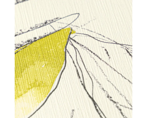 Gros plan d'un papier peint texturé avec des nervures verticales, une zone vert citron et des lignes sombres dessinées à la main.
