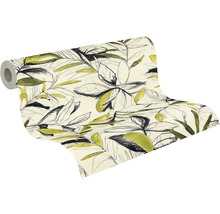 Papier peint intissé à motif de feuilles botaniques, feuilles esquissées en noir et vert sur fond clair.