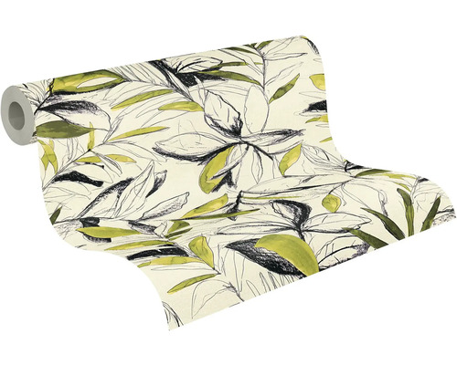 Papier peint intissé à motif de feuilles botaniques, feuilles esquissées en noir et vert sur fond clair.