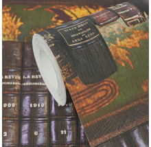 Papier peint intissé avec motif d étagère de livres anciens, dos de livres détaillés de style rétro.