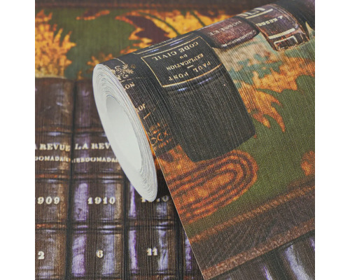 Papier peint intissé avec motif d étagère de livres anciens, dos de livres détaillés de style rétro.
