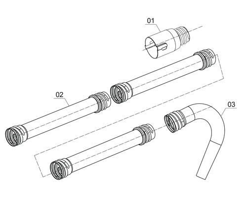 Schemazeichnung von Abflussrohren und Zubehör.