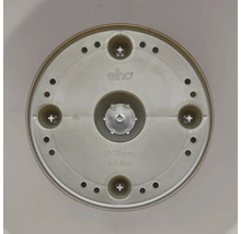 Dessous d'un pot de fleurs mesurant 25 cm de diamètre et 5,5 litres de volume, logo Elho