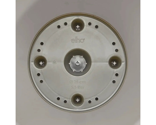 Dessous d'un pot de fleurs mesurant 25 cm de diamètre et 5,5 litres de volume, logo Elho
