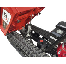 Detailansicht eines Kettendumpers mit hydraulischem Kippmechanismus