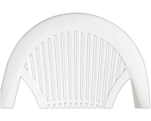 Détail du dossier d'une chaise de jardin blanche en plastique avec des lattes verticales.