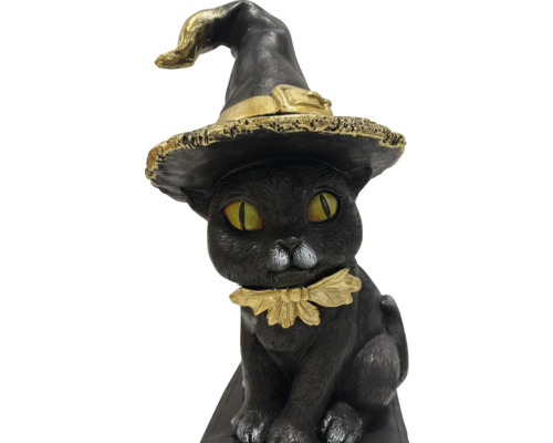 Figurine décorative de chat noir avec chapeau de sorcière et collier comme décoration d'Halloween