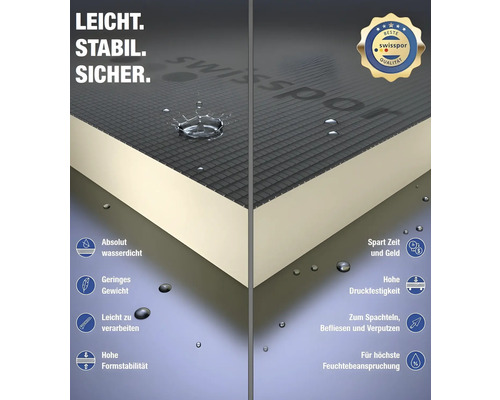 Logo Swisspor. Illustration d'un panneau isolant présentant des caractéristiques telles que l'étanchéité à l'eau, la légèreté, la facilité de traitement, la stabilité dimensionnelle élevée et la résistance à la pression.
