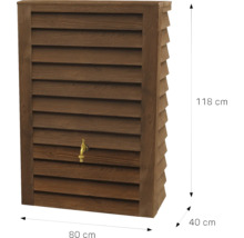 Récupérateur d'eau mural aspect bois avec robinet, 118 centimètres de haut, 80 centimètres de large et 40 centimètres de profondeur.