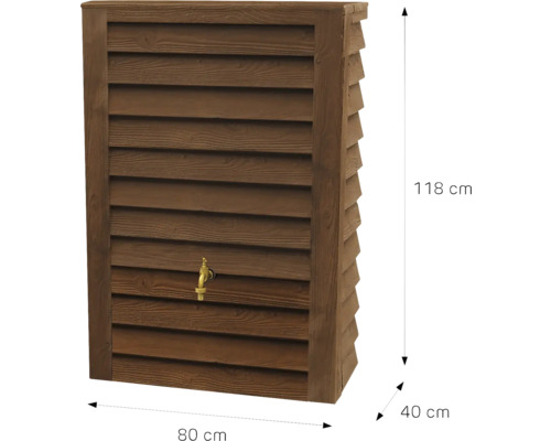 Récupérateur d'eau mural aspect bois avec robinet, 118 centimètres de haut, 80 centimètres de large et 40 centimètres de profondeur.