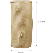 Récupérateur d'eau de pluie aspect tronc d'arbre avec robinet, hauteur cent dix-neuf centimètres, largeur soixante centimètres.