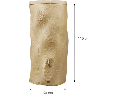 Récupérateur d'eau de pluie aspect tronc d'arbre avec robinet, hauteur cent dix-neuf centimètres, largeur soixante centimètres.
