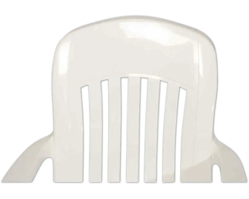 Dossier blanc d'une chaise de jardin en plastique avec des lattes verticales.