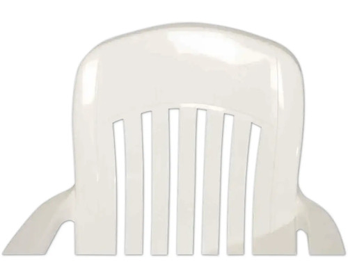 Partie supérieure d une chaise de jardin en plastique blanc avec dossier à lattes et accoudoirs.