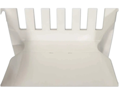 Boîte de rangement en plastique blanc avec paroi arrière à lamelles et fond plat.