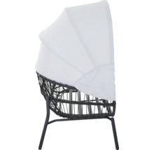 Fauteuil de jardin avec auvent réglable, tressage en plastique noir et piètement en métal.