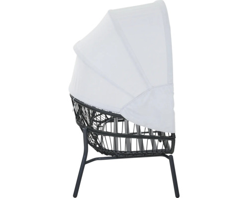 Fauteuil de jardin avec auvent réglable, tressage en plastique noir et piètement en métal.