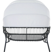 Vue arrière d un bain de soleil de jardin avec pare-soleil blanc et structure en rotin synthétique tressé noir.