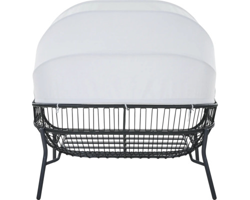 Vue arrière d un bain de soleil de jardin avec pare-soleil blanc et structure en rotin synthétique tressé noir.