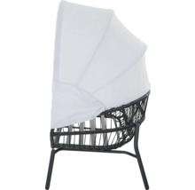 Fauteuil de jardin lounge avec pare-soleil en résine tressée, structure en métal gris foncé et revêtement en tissu gris clair.