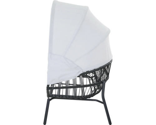 Fauteuil de jardin lounge avec pare-soleil en résine tressée, structure en métal gris foncé et revêtement en tissu gris clair.