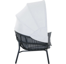 Fauteuil de jardin avec pare-soleil blanc, rotin synthétique noir et coussins gris.