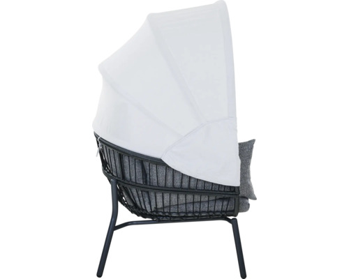 Fauteuil de jardin avec pare-soleil blanc, rotin synthétique noir et coussins gris.