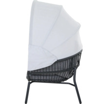 Fauteuil lounge de jardin avec pare-soleil, tressage noir et coussin gris.