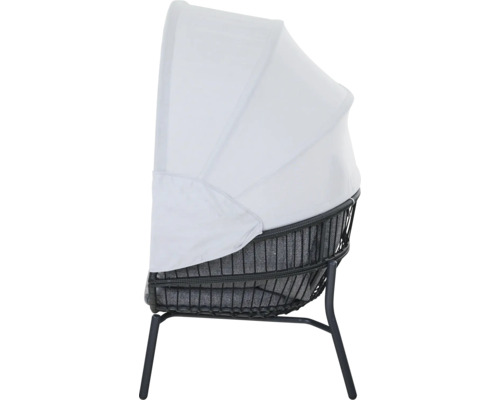 Fauteuil lounge de jardin avec pare-soleil, tressage noir et coussin gris.