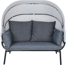 Canapé de jardin avec pare-soleil, deux places avec coussins gris et structure en métal noir.