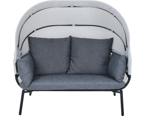 Canapé de jardin avec pare-soleil, deux places avec coussins gris et structure en métal noir.
