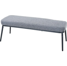 Banc rembourré avec revêtement en textile gris et pieds en métal noir.