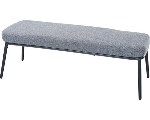 Banc rembourré avec revêtement en textile gris et pieds en métal noir.