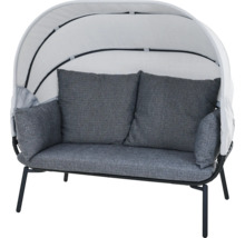Canapé de jardin avec toit solaire réglable, cadre en métal et coussins gris.