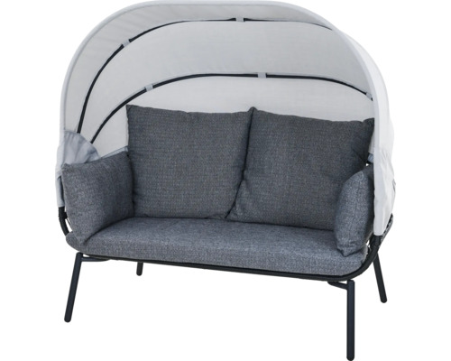 Canapé de jardin avec toit solaire réglable, cadre en métal et coussins gris.