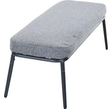 Banc rembourré avec revêtement en tissu gris et pieds en métal noir.