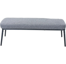 Banc rembourré avec revêtement en tissu gris et piétement en métal noir.