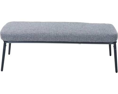 Banc rembourré avec revêtement en tissu gris et piétement en métal noir.