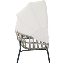 Fauteuil de jardin avec auvent rétractable, structure en résine tressée et pieds en métal.