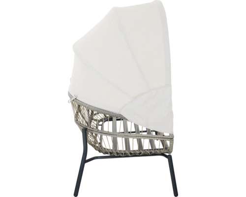 Fauteuil de jardin avec auvent rétractable, structure en résine tressée et pieds en métal.