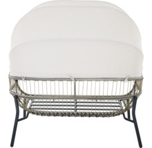 Canapé de jardin avec pare-soleil blanc, résine tressée gris clair et structure en métal foncé, vue arrière.