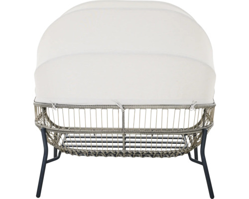 Canapé de jardin avec pare-soleil blanc, résine tressée gris clair et structure en métal foncé, vue arrière.