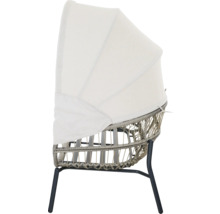 Chaise de jardin avec tressage en plastique, structure en métal et pare-soleil blanc pliable.