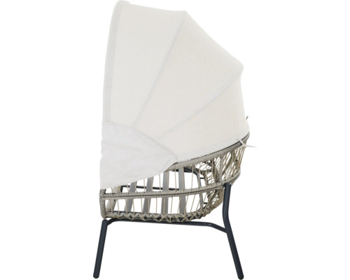 Chaise de jardin avec tressage en plastique, structure en métal et pare-soleil blanc pliable.